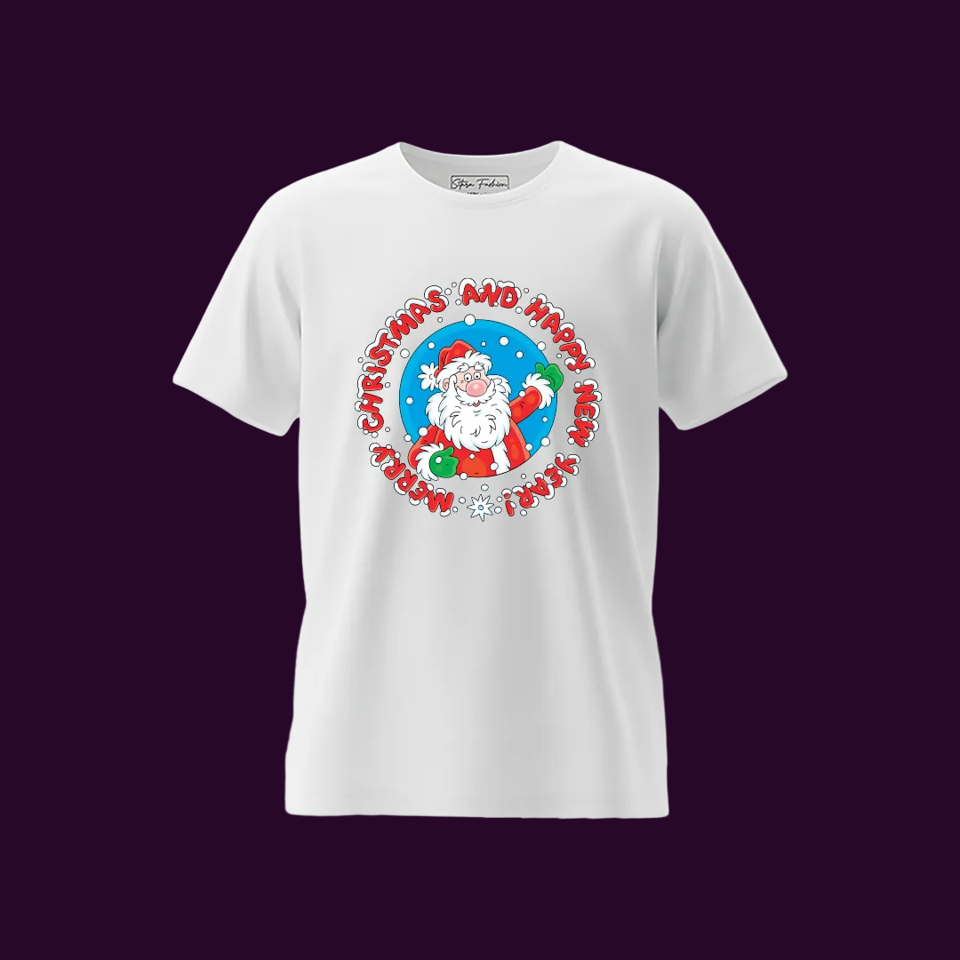 Red Merry Christmas and Happy New Year Santa Graphic T-Shirt | Holiday Reindeer Headband Tee | Boys/Girls Xmas Party Outfit