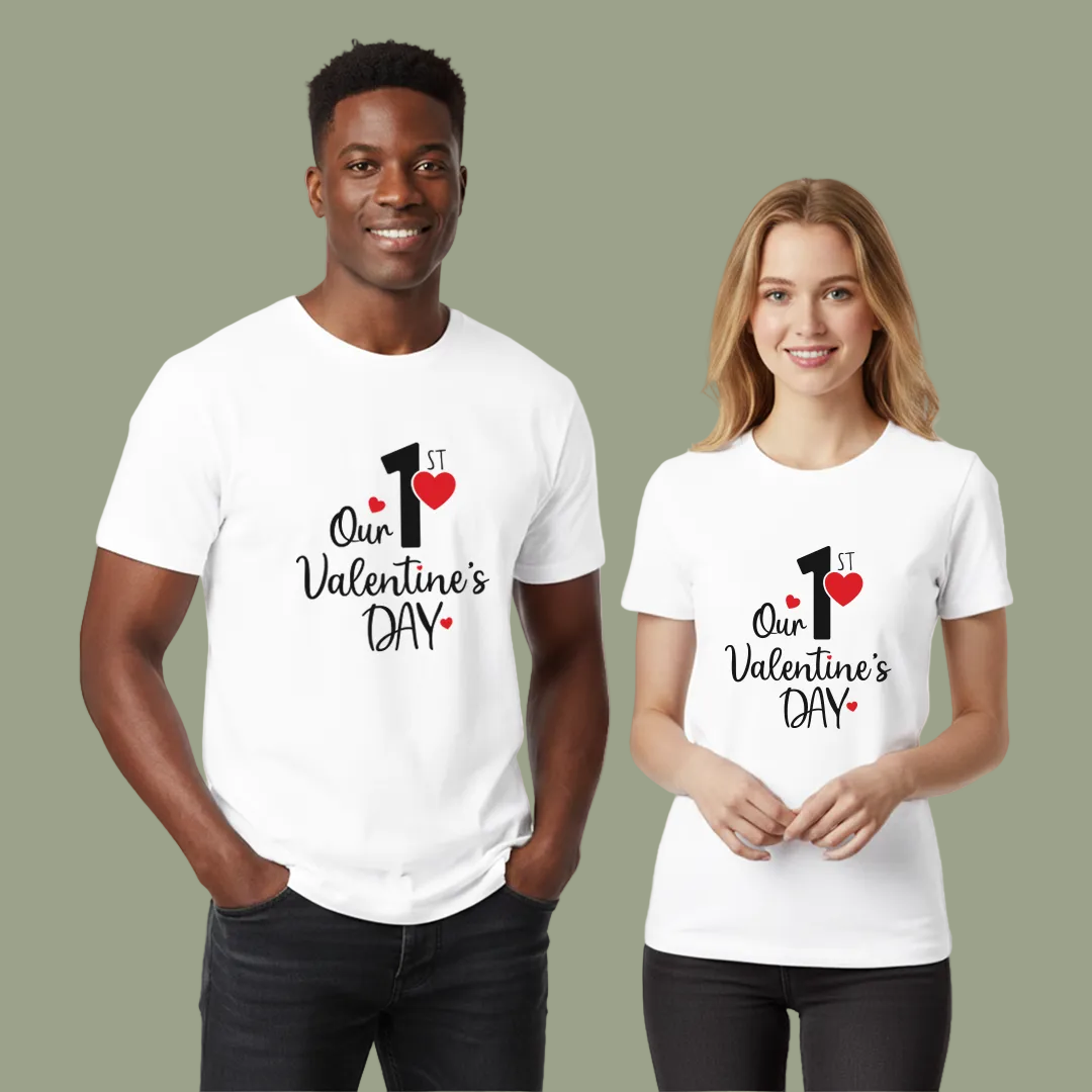 First Valentine's Day Gift for Couples | Our 1st Valentine's Day Matching Shirts | Personalized Feel Romantic Gift for Husband Wife, Boyfriend Girlfriend |