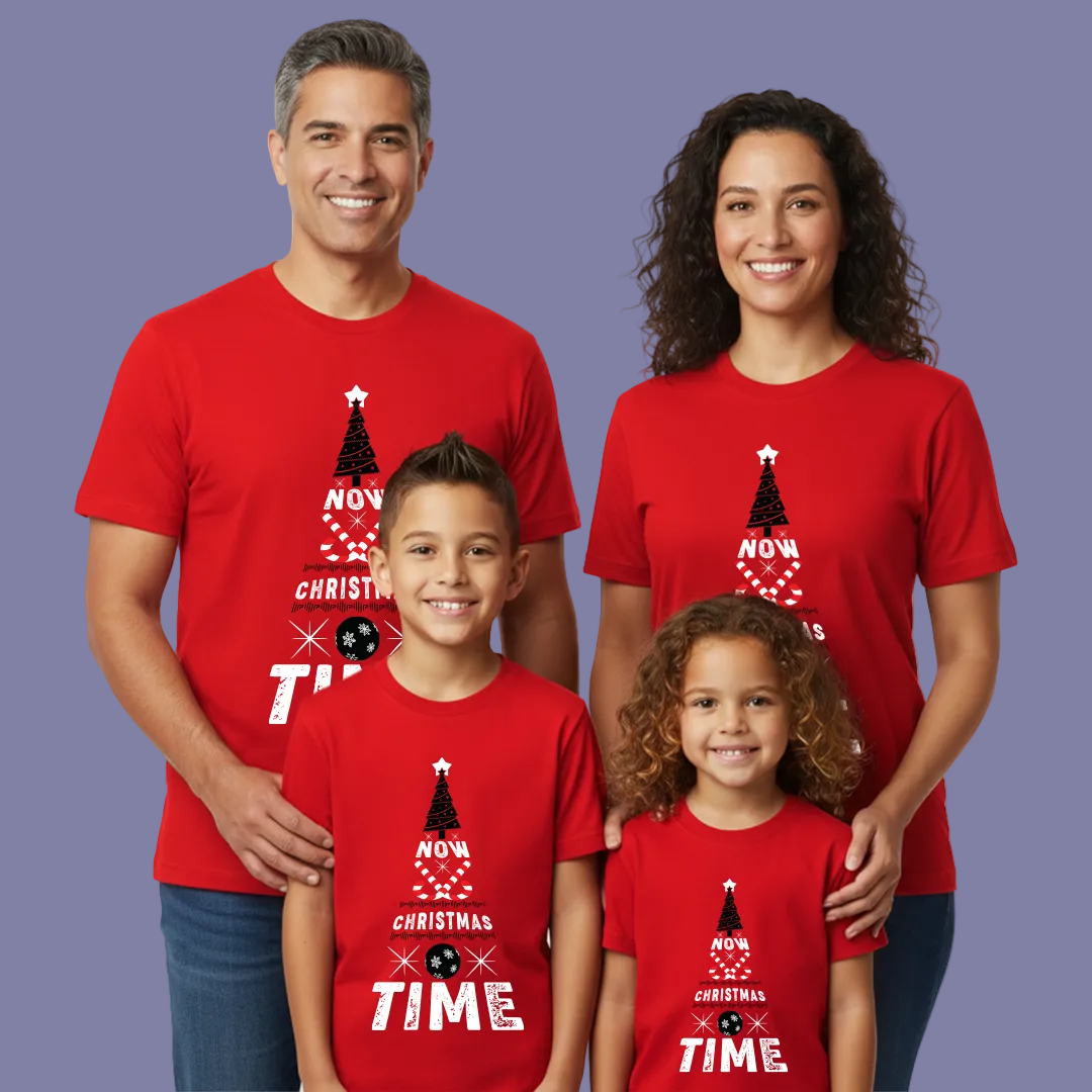 Christmas Tree Graphic Red T-Shirt- "NOW CHRISTMAS TIME" Holiday Shirt
