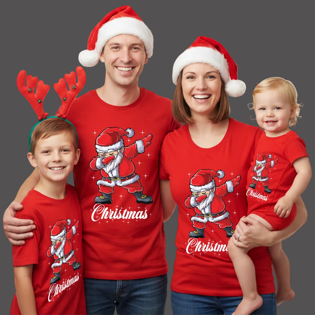 Red Dabbing Santa Claus Family Matching T-Shirts - Funny Christmas Outfit Set - Holiday Photo Tees