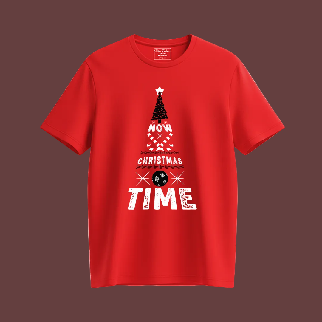 Christmas Tree Graphic Red T-Shirt- "NOW CHRISTMAS TIME" Holiday Shirt
