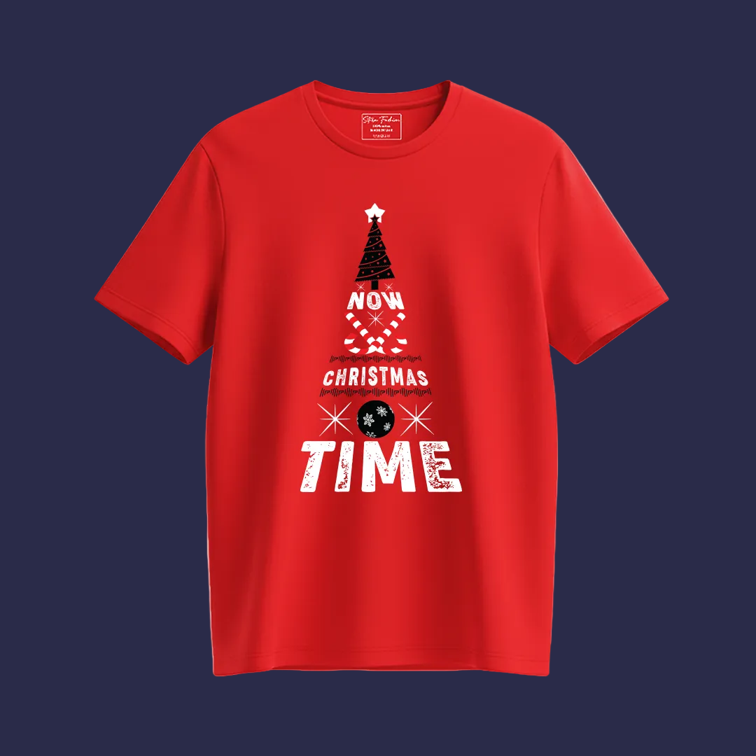 Christmas Tree Graphic Red T-Shirt- "NOW CHRISTMAS TIME" Holiday Shirt