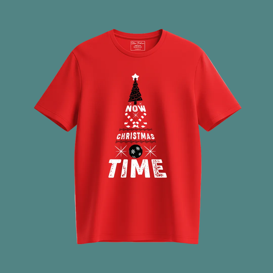 Christmas Tree Graphic Red T-Shirt- "NOW CHRISTMAS TIME" Holiday Shirt