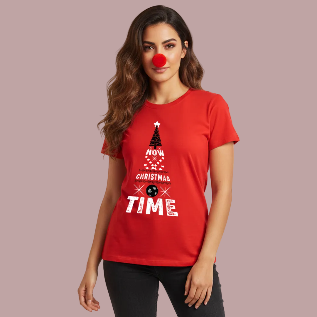 Christmas Tree Graphic Red T-Shirt- "NOW CHRISTMAS TIME" Holiday Shirt