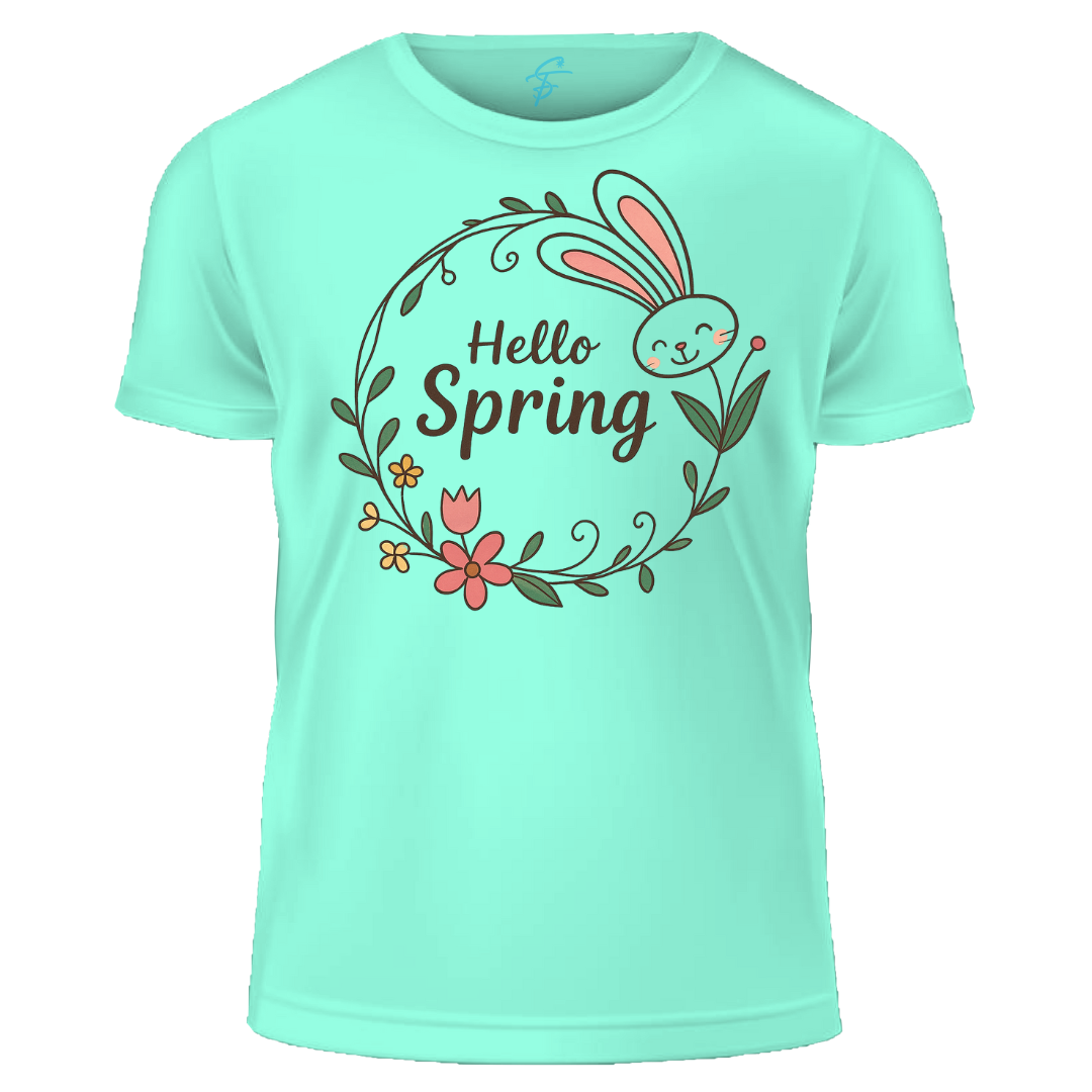 Hello Spring T-Shirt, Women's Casual Short Sleeve, 100% Cotton, Floral Bunny Design