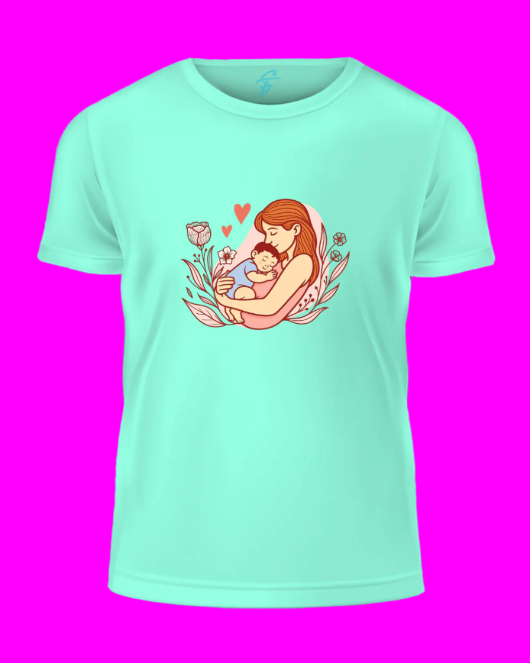 Mother and Baby Floral Design T-Shirt, 100% Cotton, Mother's Day Gift