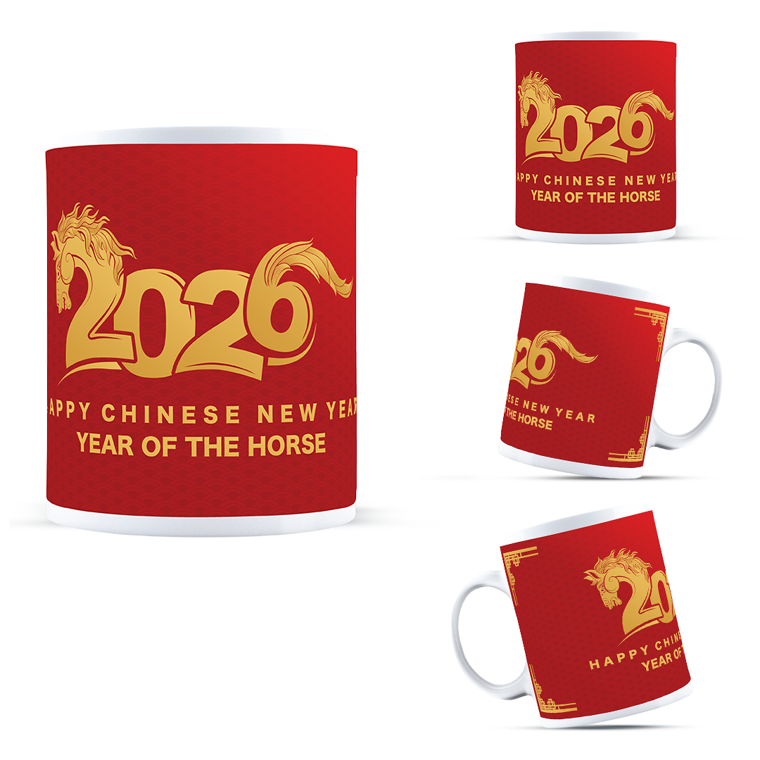 remium 2026 Year of the Horse Mug - Gold Foil Style Lunar New Year Ceramic Cup - Red Zodiac Gift for Prosperity