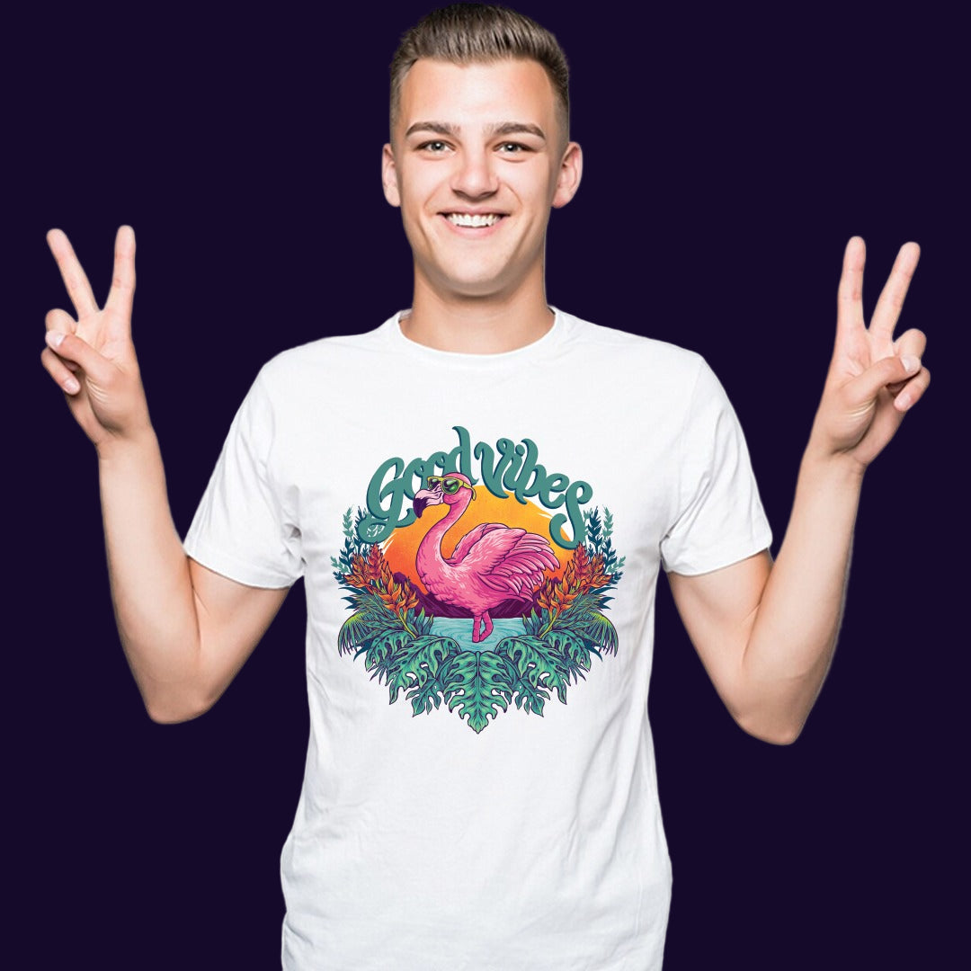 Good Vibes Flamingo T-Shirt  Summer Beach Aesthetic Graphic Tee  for Men & Women